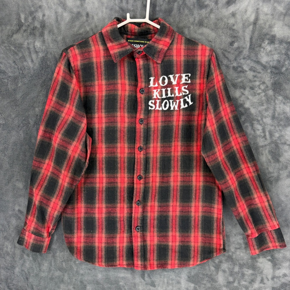 As*holes Live Forever Love Kills Slowly Red Black Plaid Flannel Shirt Mens M
